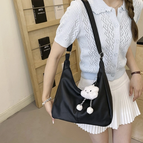 Borsa a Spalla Hobo in Pelle PU di Grande Capacità per Donna Borsa Tote Minimalista Vintage Con Ciondolo in Peluche a Nuvola