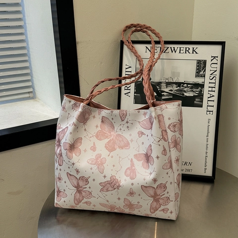 Damen Nylon Tote Bag Mit Großer Kapazität Schmetterlingsdruck Künstlerische Unterarm Schultertasche Mit Geflochtenen Griffen Casual Tasche