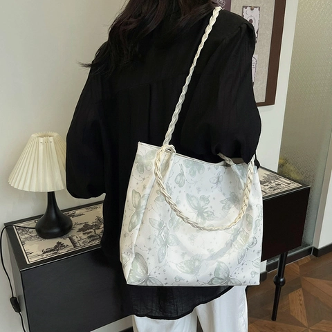 Damen Nylon Tote Bag Mit Großer Kapazität Schmetterlingsdruck Künstlerische Unterarm Schultertasche Mit Geflochtenen Griffen Casual Tasche
