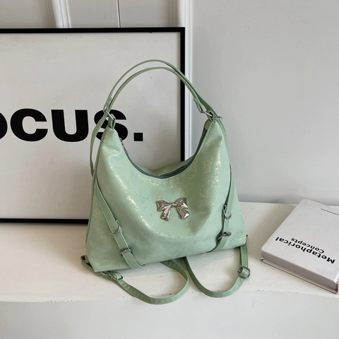 Women Shiny PU Leather Bowtie Shoulder Bag Large Capacity Three-Way Tote Backpack Stylish Commuter Handbag Casual Purse