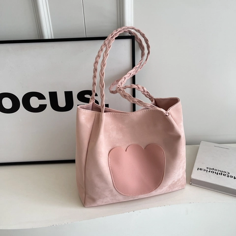 Sac Tote en Cuir PU Grande Capacité Style Coréen Avec Bandoulière Tressée Patch Tulipe pour Femmes Sac à Épaule Casual