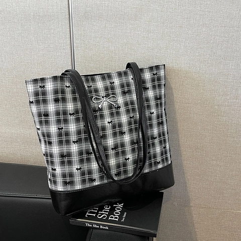 Sac Fourre-tout en Cuir PU Femme Grande Capacité Mode Carreaux Pois Nœud Sac à Bandoulière Décontracté Urbain pour Femme