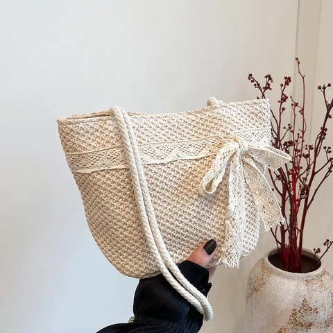 Sac à Épaule en Paille Tressée pour Femmes Avec Nœud en Dentelle Grande Capacité Sac de Plage Été Style Pastoral