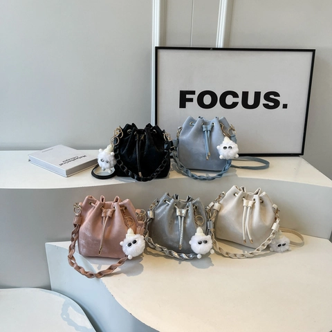 Bolso Balde de Cuero PU para Mujer Bolso Bandolera con Cordón de Tendencia Con Asa Trenzada