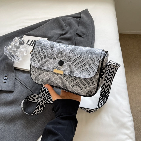 Bolso Bandolera Cuadrado Compacto para Mujer con Patrón de Ondas Vintage Correa Geométrica Ancha Ribete de Cuero PU Bolso de Hombro de Moda