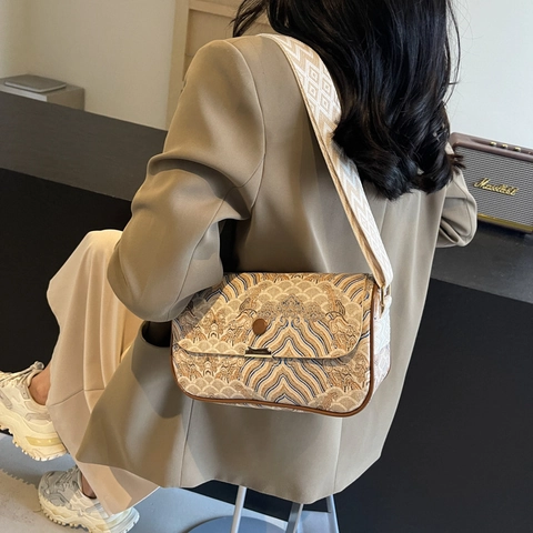 Bolso Bandolera Cuadrado Compacto para Mujer con Patrón de Ondas Vintage Correa Geométrica Ancha Ribete de Cuero PU Bolso de Hombro de Moda