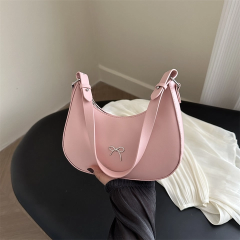 Women French Fashion PU Leather Underarm Bag Metal Bow Decoration 2024 Casual Vintage Shoulder Crossbody Bag For Daily Use