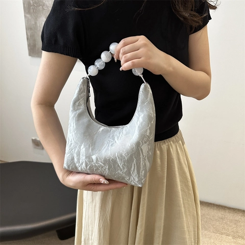Bolso Hobo de Cuero PU Plisado para Mujer con Asa de Cuentas Elegante Bolso de Hombro de Axila Gran Capacidad Diario