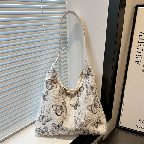 Sac à Épaule en Nylon pour Femmes Grande Capacité Motif Papillon Style Coréen Couture Dentelle Sac Fourre-Tout Littéraire Décontracté