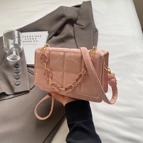 Women Quilted PU Leather Shoulder Bag Chain Decor Square Crossbody Bag Solid Color Flap Small Square Bag For Daily Work