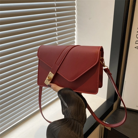 Damen Vintage PU Leder Schultertasche Kleine Quadratische Umhängetasche Mit Goldverschluss Schlichte Nähte Daily Fashion Bag