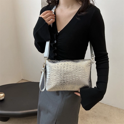 Borsa a Tracolla da Donna in Pelle PU con Motivo a Coccodrillo Pochette a Busta di Grande Capacità con Cinturino Borsa Sottobraccio