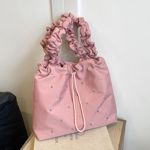 Borsa a Tracolla in Nylon da Donna di Grande Capacità Con Manico Arricciato Coulisse Borchie di Strass Impermeabile Borsa Hobo Casual