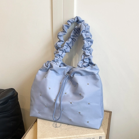 Borsa a Tracolla in Nylon da Donna di Grande Capacità Con Manico Arricciato Coulisse Borchie di Strass Impermeabile Borsa Hobo Casual
