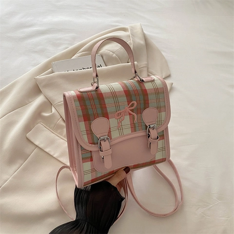 Preppy Plaid Patchwork Backpack For Women Bow Decor PU Leather Fabric Shoulder Bag Casual Travel Handbag Sweet College Bookbag