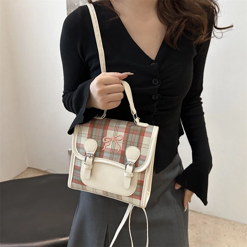 Preppy Plaid Patchwork Backpack For Women Bow Decor PU Leather Fabric Shoulder Bag Casual Travel Handbag Sweet College Bookbag