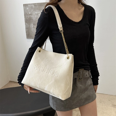 Women Large Capacity PU Leather Tote Bag Fashion Embossed Letters Crinkled Shoulder Bag With Chain Strap Casual Handbag