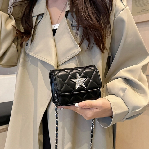 Mode Damen Mini Rhombus Gesteppt Kette Umhängetasche Strass Stern PU Leder Lässig Kleine Quadratische Crossbody Tasche Schmuck