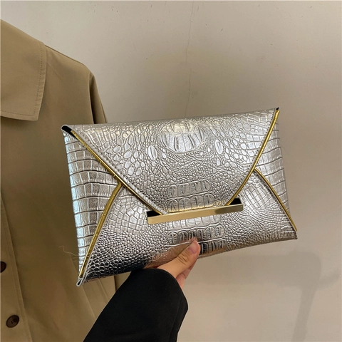 Borsa Clutch a Busta Retro con Motivo Coccodrillo per Donna Moda in Pelle PU Borsa da Sera con Finiture in Metallo Oro Borsa da Pendolare Grande