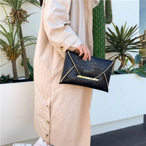 Borsa Clutch a Busta Retro con Motivo Coccodrillo per Donna Moda in Pelle PU Borsa da Sera con Finiture in Metallo Oro Borsa da Pendolare Grande