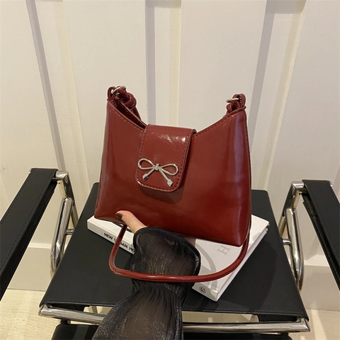 Bolso de Axila de PU de Moda para Mujer Dulce Decoración de Lazo de Metal Color Sólido Bolso de Hombro con Cremallera Bolso Bandolera Casual de Tendencia para Mujer Viaje de Verano