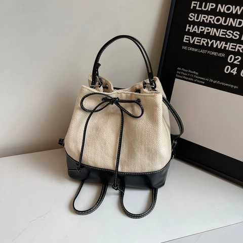 Women Fashion Nylon Drawstring Bucket Bag Trendy Contrast Color Stitching Shoulder Backpack With Bow Decor Elegant Daily Travel Bag