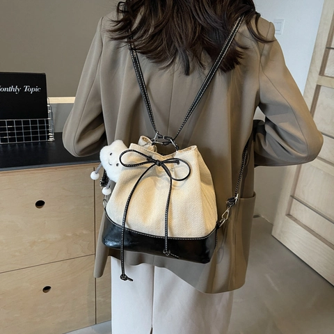 Women Fashion Nylon Drawstring Bucket Bag Trendy Contrast Color Stitching Shoulder Backpack With Bow Decor Elegant Daily Travel Bag