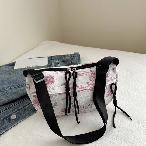 Women Large Capacity Nylon Shoulder Crossbody Bag Waterproof Landscape Print Pleated Texture Drawstring Half Moon Tote Bag