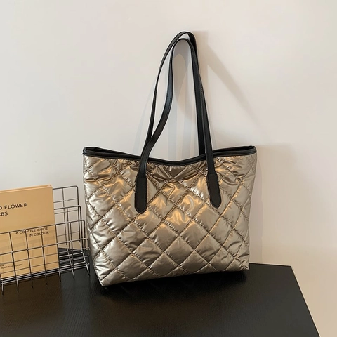 Borsa Tote Puffer Metallica di Moda Grande Capacità Borsa a Spalla Trapuntata a Diamante Donna in Pelle PU Lucida Quotidiana