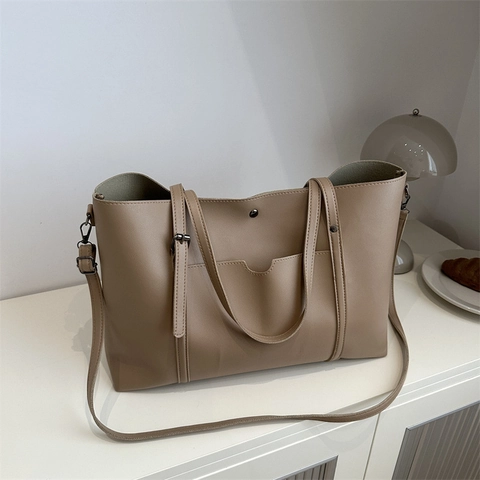 Bolso Tote de Cuero PU Vintage para Mujer Gran Capacidad Minimalista Color Sólido Bolso de Hombro Versátil Conmutar Bajo el Brazo
