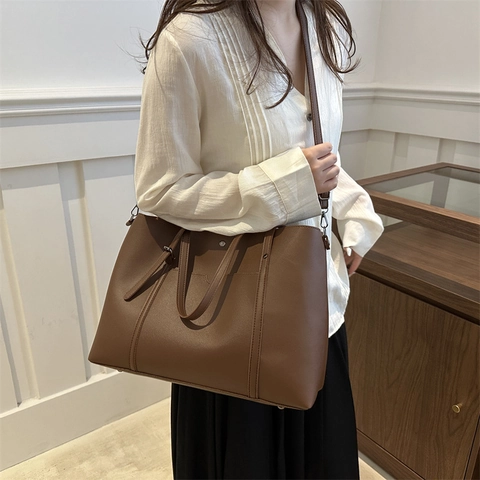 Bolso Tote de Cuero PU Vintage para Mujer Gran Capacidad Minimalista Color Sólido Bolso de Hombro Versátil Conmutar Bajo el Brazo