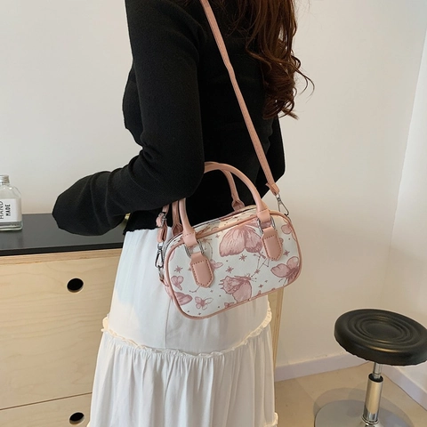 Borsa a Tracolla Boston con Stampa Farfalla da Donna Dolce Fresca in Pelle PU Borsa a Mano Moda Casual Borsa Sottoascellare Per Tempo Libero