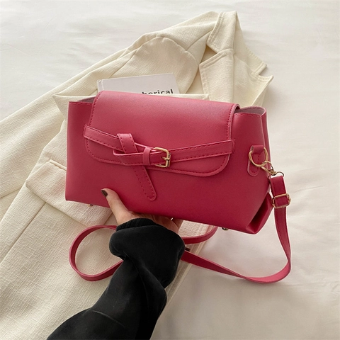 Vintage PU Leather Square Shoulder Bag For Women Minimalist Solid Color Crossbody Bag With Adjustable Strap Gold Buckle Flap