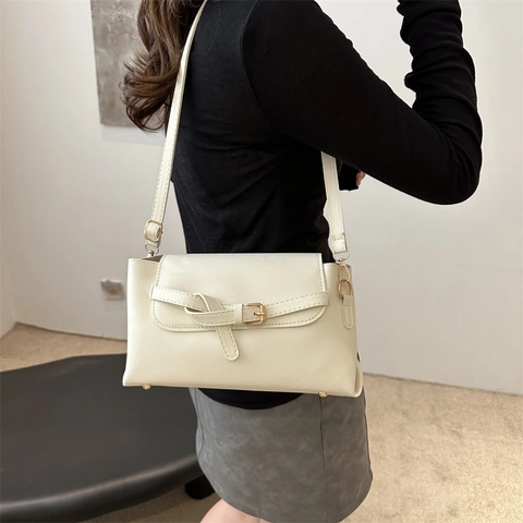 Vintage PU Leather Square Shoulder Bag For Women Minimalist Solid Color Crossbody Bag With Adjustable Strap Gold Buckle Flap