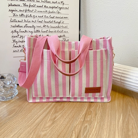 Large Capacity Striped Nylon Tote Bag For Women Casual Urban Simple Fashion Handbag With Detachable Shoulder Strap Crossbody Bag