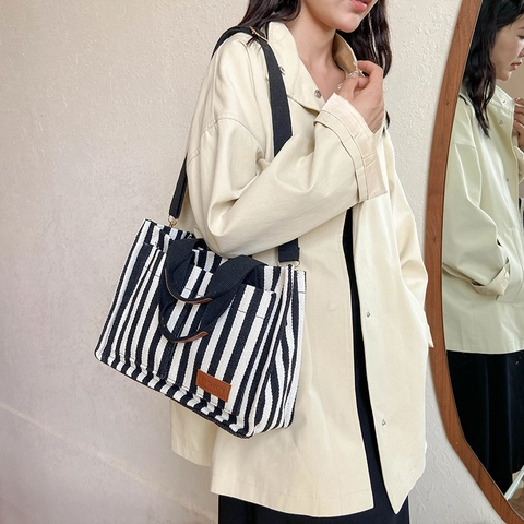 Large Capacity Striped Nylon Tote Bag For Women Casual Urban Simple Fashion Handbag With Detachable Shoulder Strap Crossbody Bag