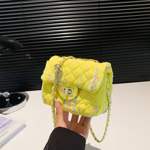 Trendy Quilted Nylon Small Square Crossbody Bag For Women Colorful Embroidery Line Fashion Gold Chain Shoulder Bag With Lock