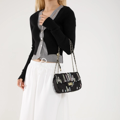 Trendy Quilted Nylon Small Square Crossbody Bag For Women Colorful Embroidery Line Fashion Gold Chain Shoulder Bag With Lock