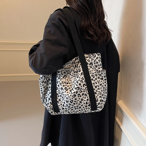 Damen Mode Leopardenmuster Segeltuch Tragetasche Große Kapazität Schultertasche Casual Täglich Pendler Handtasche Vielseitige Reisetasche
