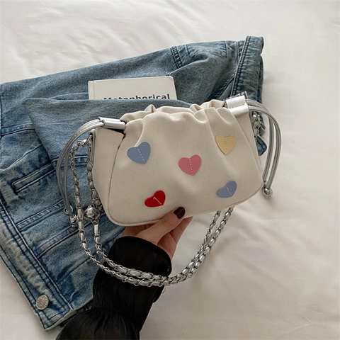 Bolso de Hombro de Lona con Patrón de Corazón para Mujer Moda Cordón Cadena Bolso Bandolera Casual Diario Bolso de Mano Niñas