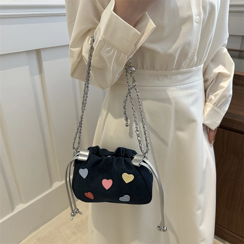Bolso de Hombro de Lona con Patrón de Corazón para Mujer Moda Cordón Cadena Bolso Bandolera Casual Diario Bolso de Mano Niñas