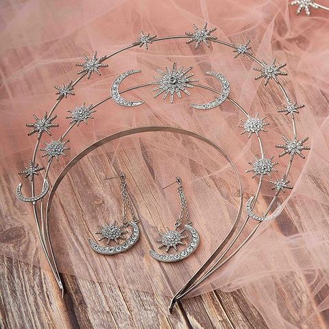 Celestial Goddess Halo Crown Headband Star Moon Alloy Rhinestone Baroque Tiara And Dangle Earrings For Party Wedding Women