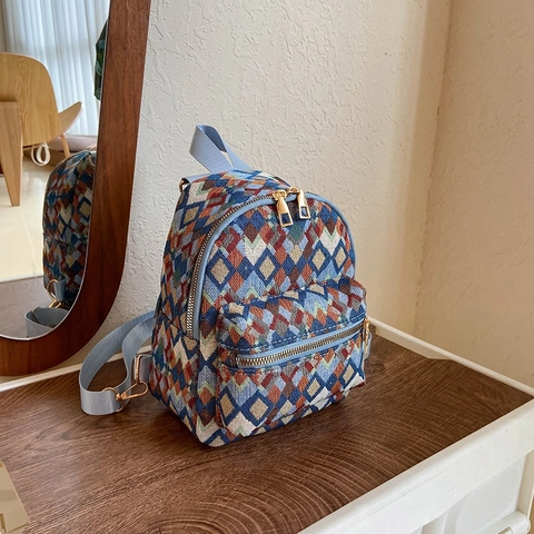 Mini Zaino Donna Jacquard Geometrico a Rombi Stile Etnico in Nylon Piccolo Zainetto da Viaggio Con Cerniera Oro Moda College