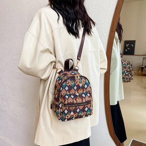 Mini Zaino Donna Jacquard Geometrico a Rombi Stile Etnico in Nylon Piccolo Zainetto da Viaggio Con Cerniera Oro Moda College