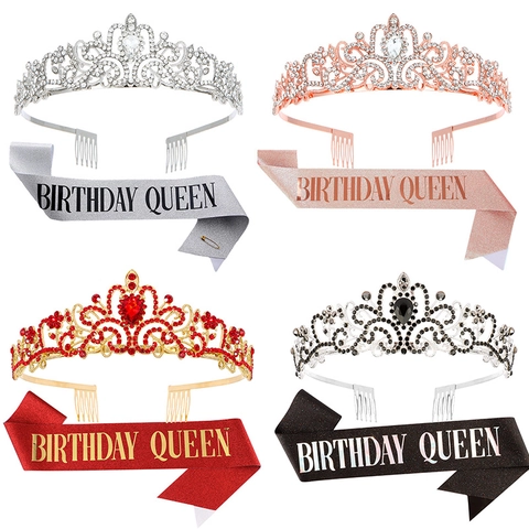 Birthday Girl Queen Crown Tiara Rhinestone Alloy Tiara Glitter Sash Set For Women Girls Birthday Party Decoration