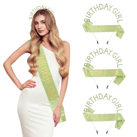 Set Birthday Girl Verde Cerchietto in Lega di Strass e Fascia in Satin con Lettere Dorate per Decorazioni Festa Donna