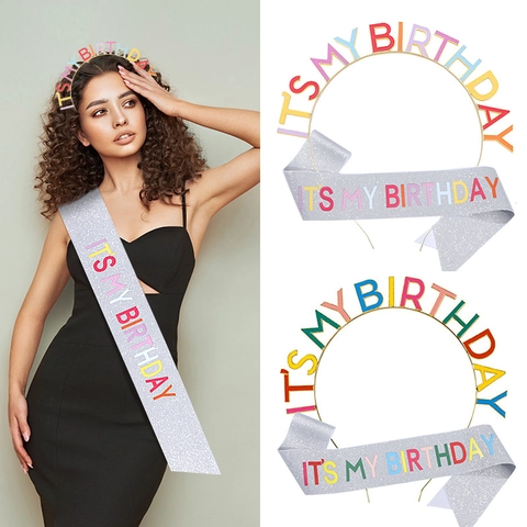 Conjunto Decoraciones Fiesta Cumpleaños Colorido ITS MY BIRTHDAY Diadema Metal Banda Purpurina Cumpleaños Queen Corona Accesorios Fiesta