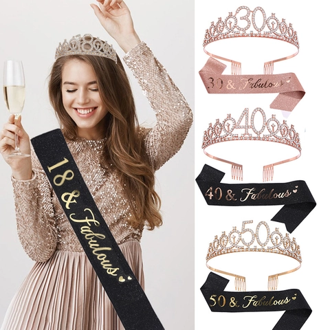 Set di Corona Tiara in Lega con Strass e Fascia Glitterata per Donna 18 21 30 40 50 60 70 Decorazioni per Feste