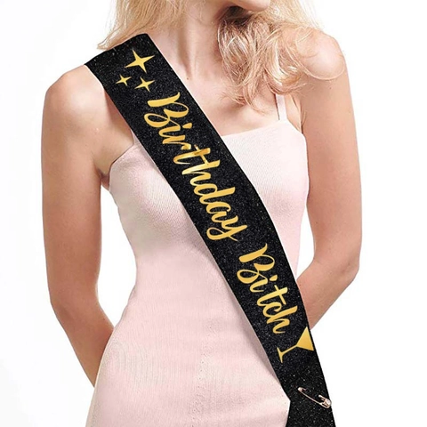 Banda Birthday Bitch de Tela de Purpurina para Mujer Decoraciones de Fiesta de Cumpleaños Letras Estampadas en Caliente Estrellas Copa de Vino