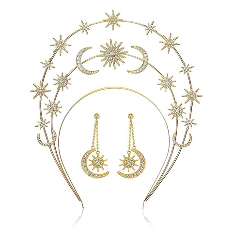 Celestial Sun Goddess Halo Crown Headband Star Moon Headpiece Rhinestone Long Earrings Bohemian Party Women Jewelry Set